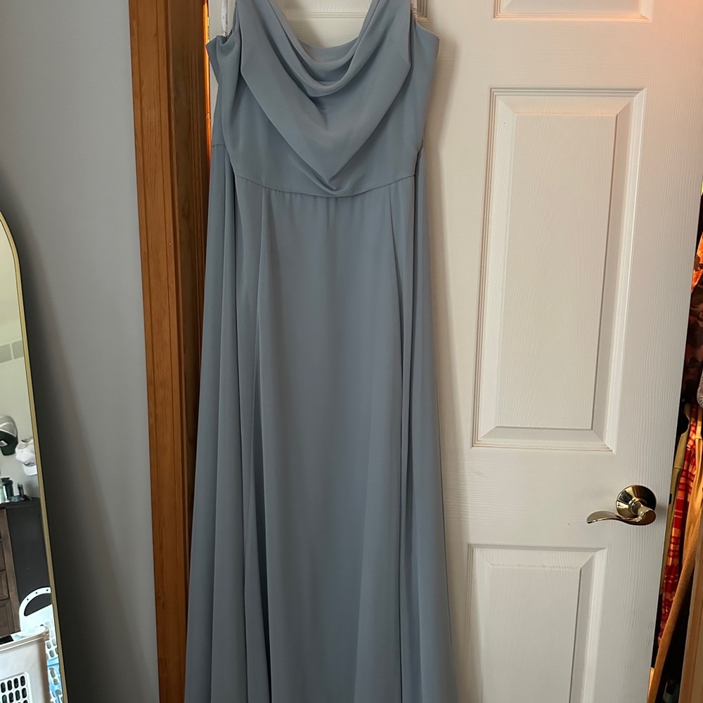 David’s Bridal Dusty Blue Cowl Neck Chiffon Dress - Picture 1 of 7